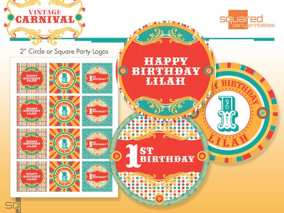 Vintage Circus Cupcake Toppers - Printable Carnival Birthday Party Circles & Logo Package - Original Colors - DIY Print - Made to Order Il_570xn