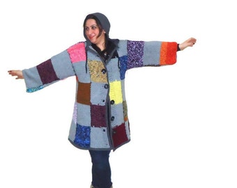 CLEARANCE SALE Hoodie Wool cape winter coat, oversize cardigan, Rainbow Patchwork cardigan sweater coat hoodie gray cardigans hippie sweater