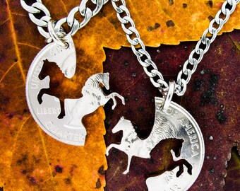 Horse Jewelry, Western Cowboy and Cowgirl Necklaces, Interlocking set, Prancing and Rearing Horses, hand cut coins