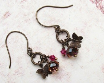 Butterfly Earrings, Swarovski Earrings, Vintaj Earrings, Autumn Earrings, Hoop Earrings, Dangle Earrings, Pink Earrings, Butterfly Jewelry