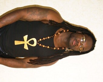 Mens Beaded Necklace With Oversized Ankh Pendant