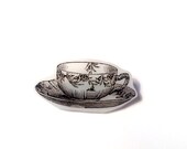 Tea cup pin back brooch in black and white by The Dorothy Days - vintage style teacup with floral pattern - jewellery uk jewelry england