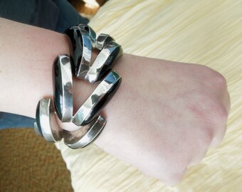 Sterling Silver Black Onyx Bracelet Mexican Wave Bracelet Modernist