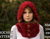 CROCHET PATTERN Hooded Cowl, Button Neck Warmer, Crochet Hoodie Instant Download