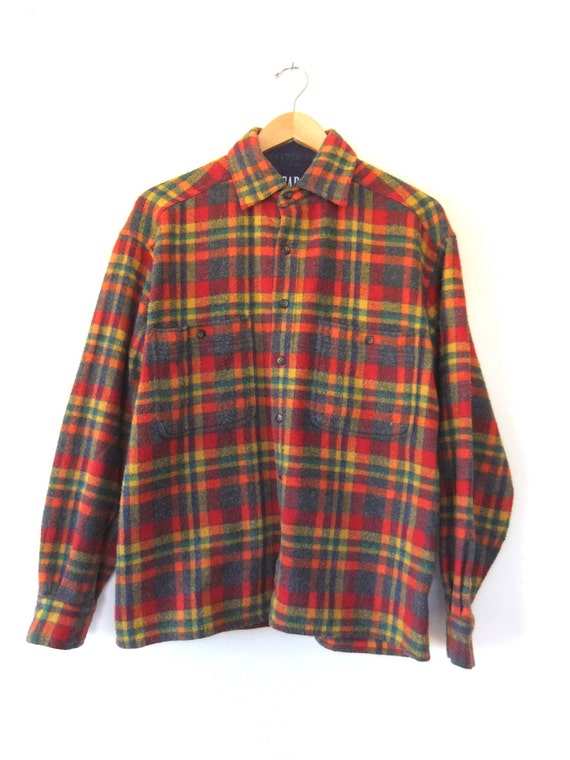 90s Grunge Rainbow Plaid Multicolor Flannel Shirt - Fuzzy & Warm Button ...