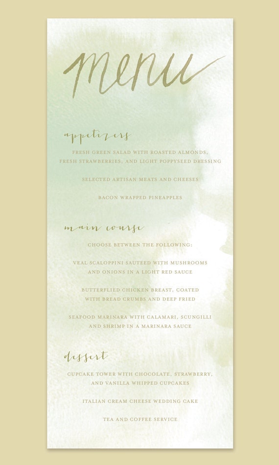 Watercolor Wedding Menu Card Watercolor Menu Card Watercolor