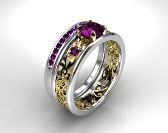 Purple amethyst wedding ring set