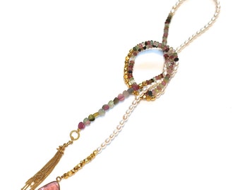 Tourmaline Slice Lariat Necklace Rainbow Tourmaline Necklace Tourmaline Jewelry Long Necklace Tassel Necklace Boho Jewelry