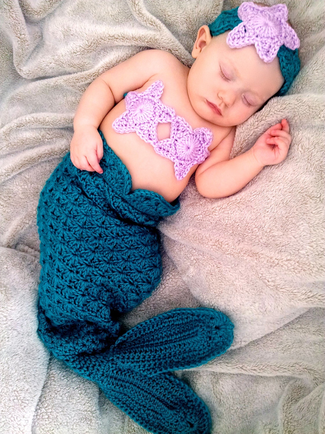 Crochet Baby Mermaid Aqua Green and Purple Baby Girl Outfit