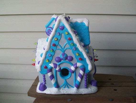 Hand Painted Plaster Light Up Gingerbread House in Blue/Purple/Gray/White