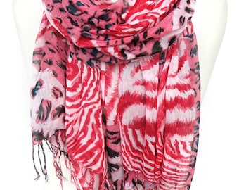 Red Scarf. Cotton Scarf. Animal Print Shawl. Leopard Scarf. Zebra Scarf. Fashion Scarf. Woman Birthday Gift. 27x65in (70x165cm) Ready2Ship
