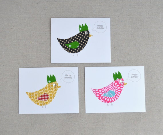 3 Happy Birthday Cards / set of 3 bird cards / fabric cards / handmade cards / children's birthday card