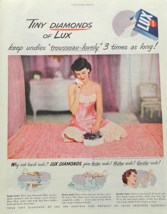 Lux soap ad, beautiful girl in pink slip or lingerie, detergent, bedroom, bathroom  vintage advertising art collectible wall decor print