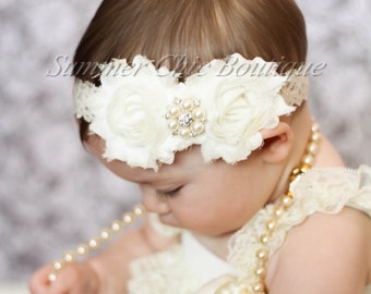 Baby Headband, Infant Headband, Newborn Headband, Ivory Baby Headband, Baptism Headband, Christening Headband