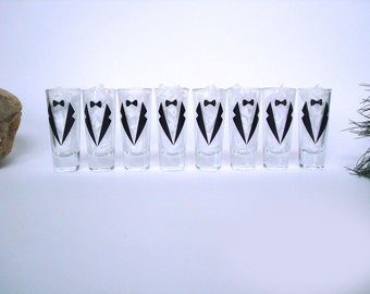 8 Personalized Shot Glasses - Bachelor Party Shot Glasses - Wedding Party Glasses - Choose Your Suit Style