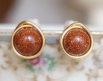 Goldstone Earrings , Fall Earrings , Bridesmaids Earrings , Wire Wrapped Studs