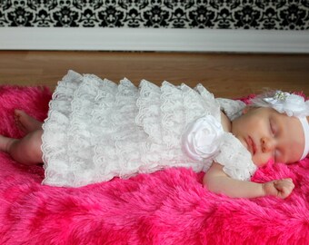 Vintage White christening Lace Dress Only, Blessing Petti Lace Romper, Ruffled Dress, Baby girl & newborn, Pettidress