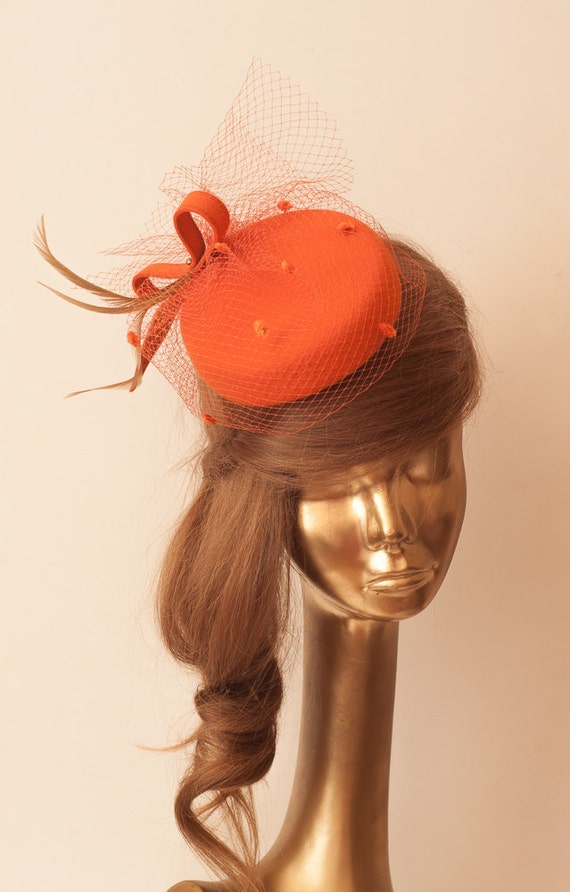 Amazing Orange Fur Felt FASCINATOR with VEIL Mini Hat for