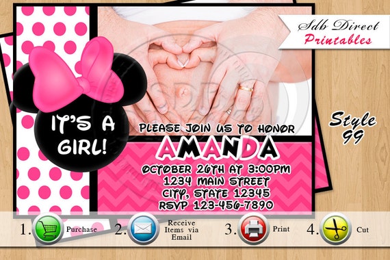 Invitación de ducha de bebé Minnie Mouse, Minnie Mouse Baby Shower Invitación de ducha de bebé Minnie Mouse, Minnie Mouse Baby Shower