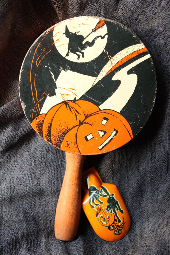 Vintage Tin Halloween Noise Makers Jack O Lantern Witch Black