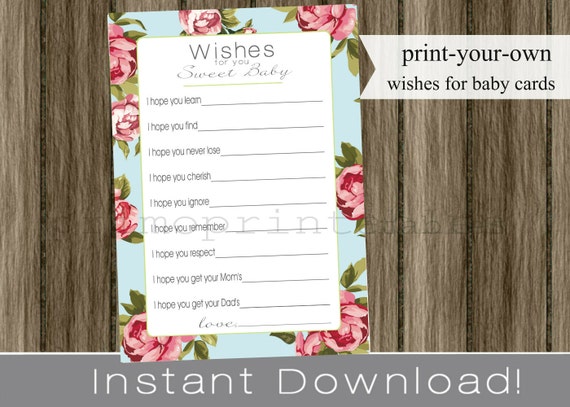 Wishes for Baby Cards girl blue with pink roses INSTANT DOWNLOAD diy digital printable file print your own , babyshower Il_570xn