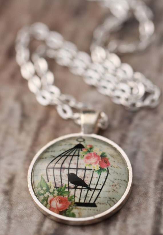 FREE SHIPPING Green Shabby Chic Birdcage Necklace - silver or bronze pendant necklace