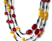 Long Multicolor Beaded Wrap Necklace/ Bright Multi Strand Red Yellow White Necklace/ Art Deco Flapper Necklace/ Onyx Coral Jade Necklace