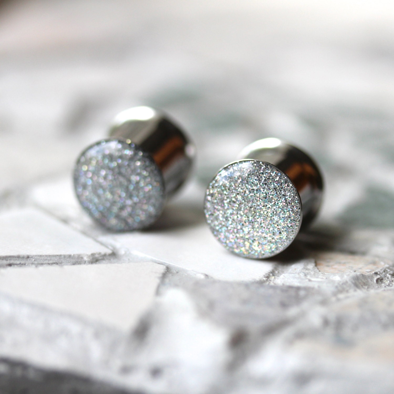 Silver Glitter Ear Plugs Sparkly Silver Ear by SilverPeakPlugs