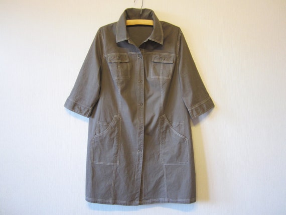 Khaki Gray Safari  Dress  Button up Cotton Shirt  Dress  Military