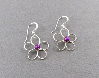 Wire Flower Earrings - Handmade Silver Wire Earrings - Silver Daisy Earring