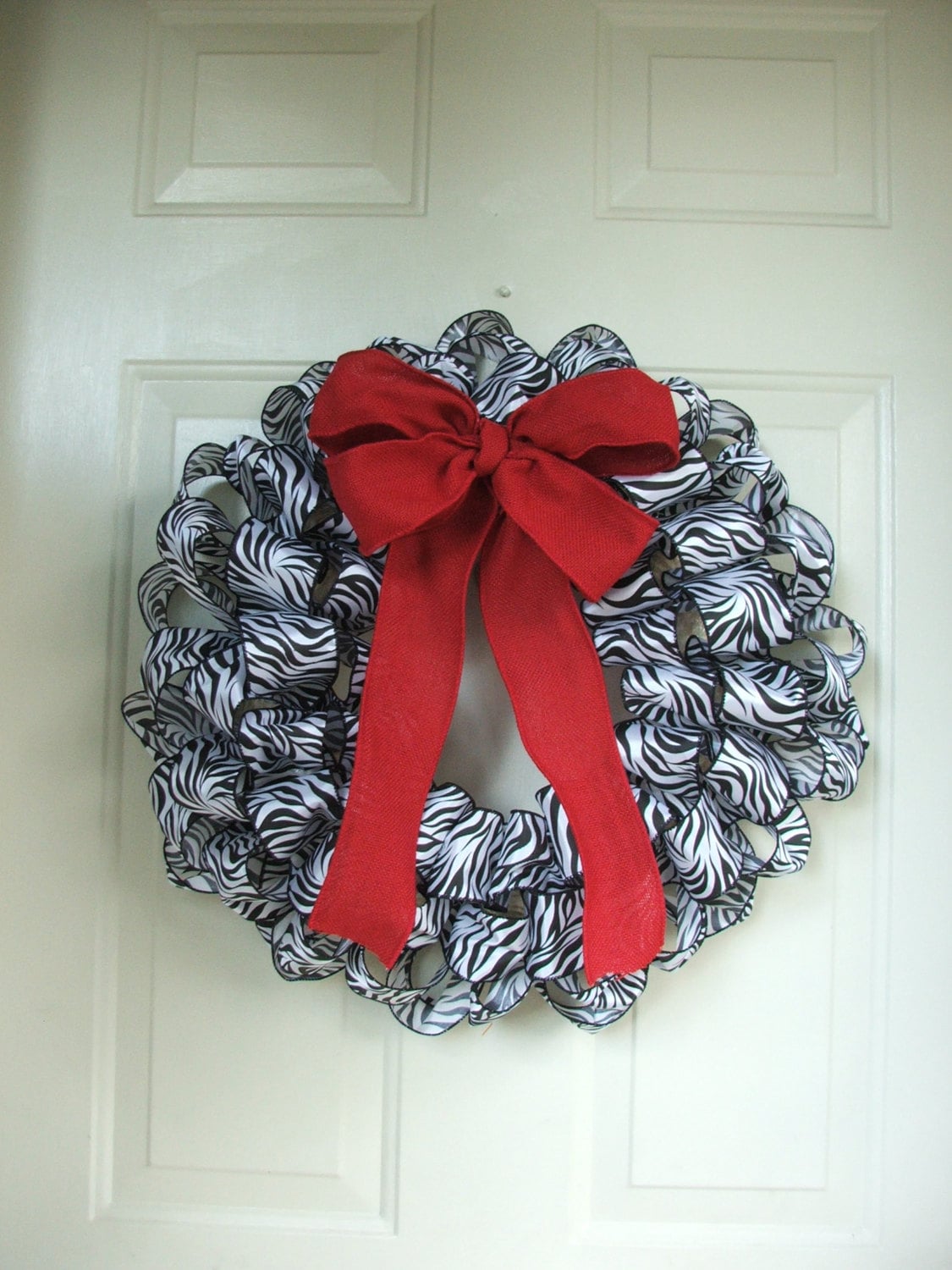 Christmas Valentine Year Round Zebra Ribbon Wreath with Red Faux Burlap Bow