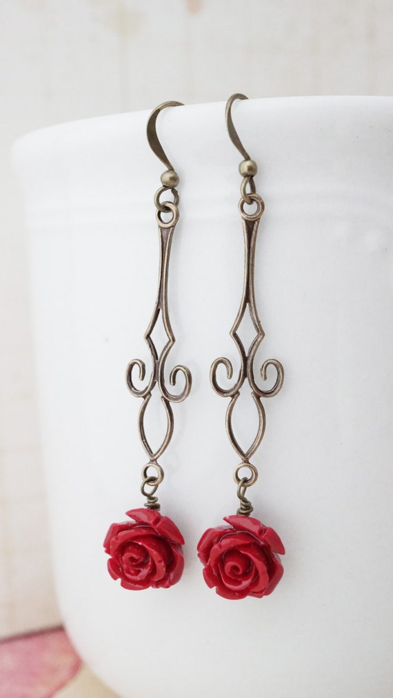 20% off Sale! Earrings, Blood Red Rose and brass Dangle Earrings. No E364