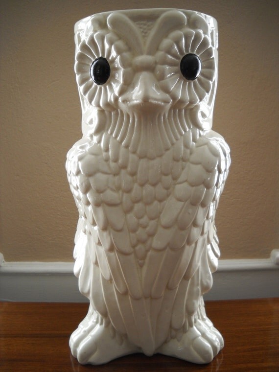 Vintage 1970's Ceramic White Owl Umbrella Stand Made by Modernaire
