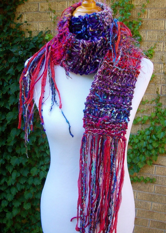 Funky Knit Scarf Imported Fiber Sari Chiffon Ribbon Long by Fanchi