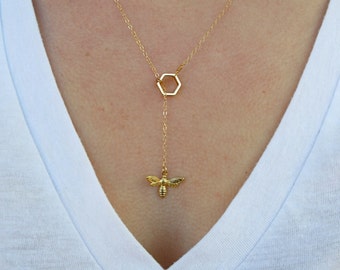 Bumble Bee and Honeycomb Necklace, Honey Bee Necklace, Honeycomb Necklace, Gold Bee, Hexagon Necklace, Lariat