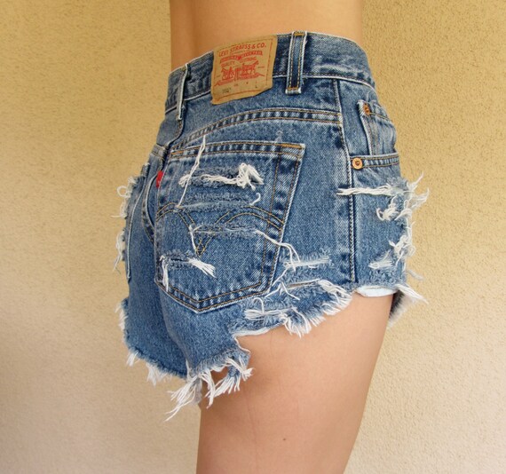 Super High Waisted Destroyed Denim Levi Cheeky Shorts Size S