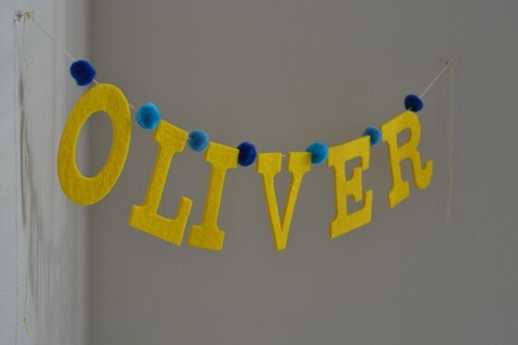 Custom Pom Pom Garland Baby Name Banner / Yellow Felt & Ombre Blue Poms / Other Colors Available / Handmade Party Banners Il_570xn