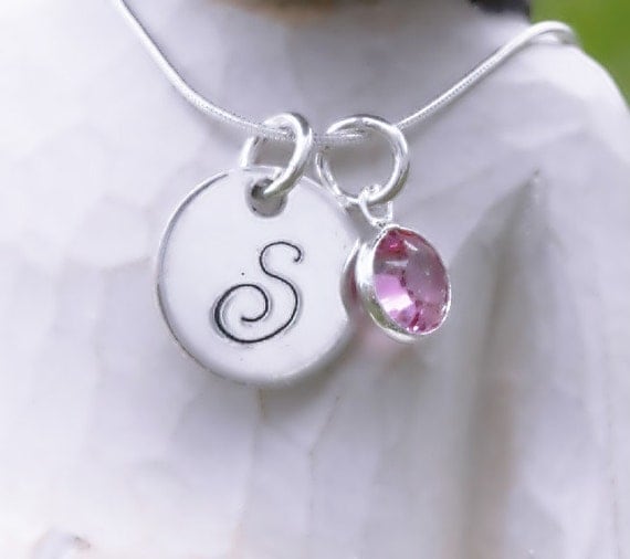 My Princess Necklace - Hand Stamped Sterling Silver Initial Necklace with Swarovski Birthstone Charm - Tweens & Teens