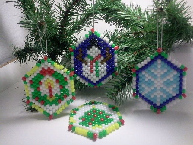 Handmade beaded Christmas ornament - Woven Beaded Ornament - Set of Four Holiday Ornaments