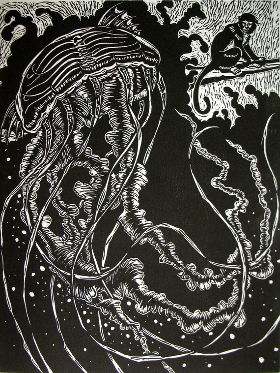 Items similar to Jellyfish and Monkey linocut print on Etsy