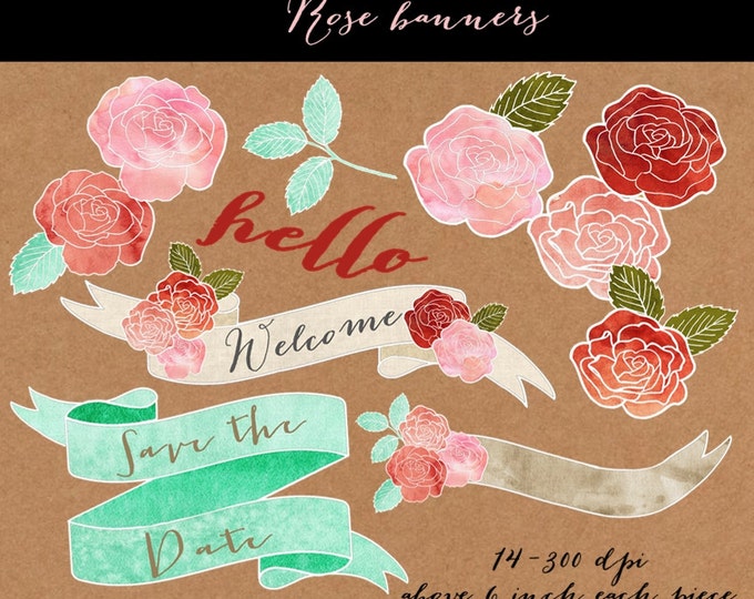 Watercolor elements "WATERCOLOR FLOWERS" roses, pink, red, painted, welcome, wedding clipart, clip art, leaves, save the date, thank you