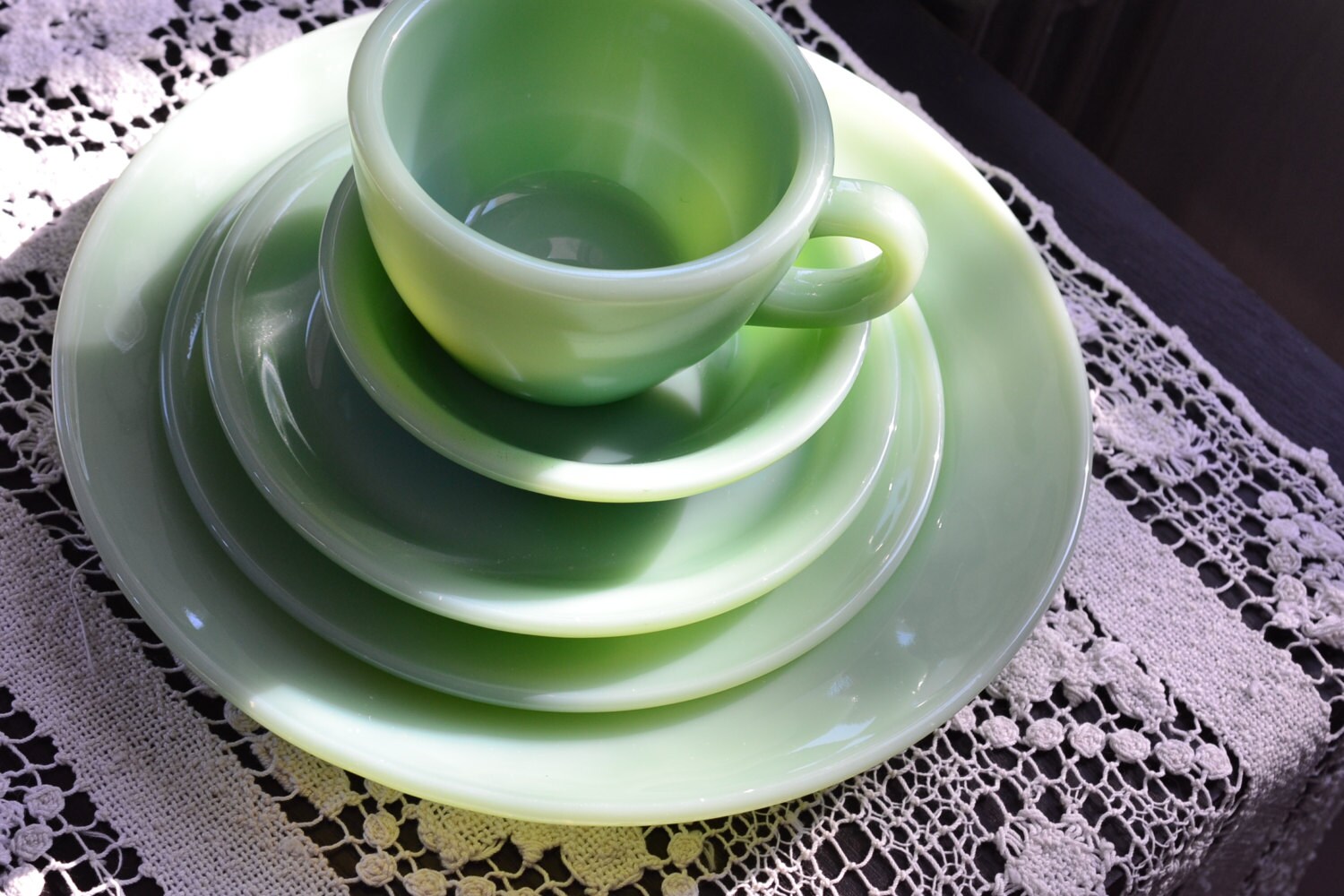 1940s Jadeite 5 Piece Place Setting Fire King Oven Ware Dishes