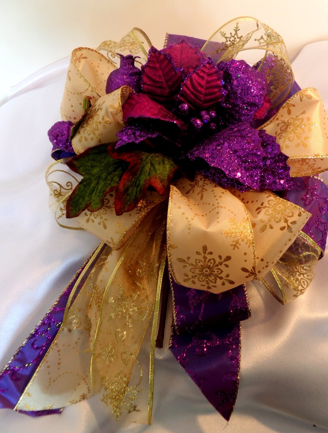 Stunning Large 14x14 15 Loops of Qulaity Ribbon make upo this Vibrant Purple & Gold Glitter Bow for Christmas decoration or gift package.