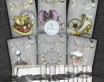 ONE DOLLAR SALE Note Cards, Seed Sachet, Notelets, Card and Envelope, Gift Tags, Printable Stationery, Instant Download, Steampunk