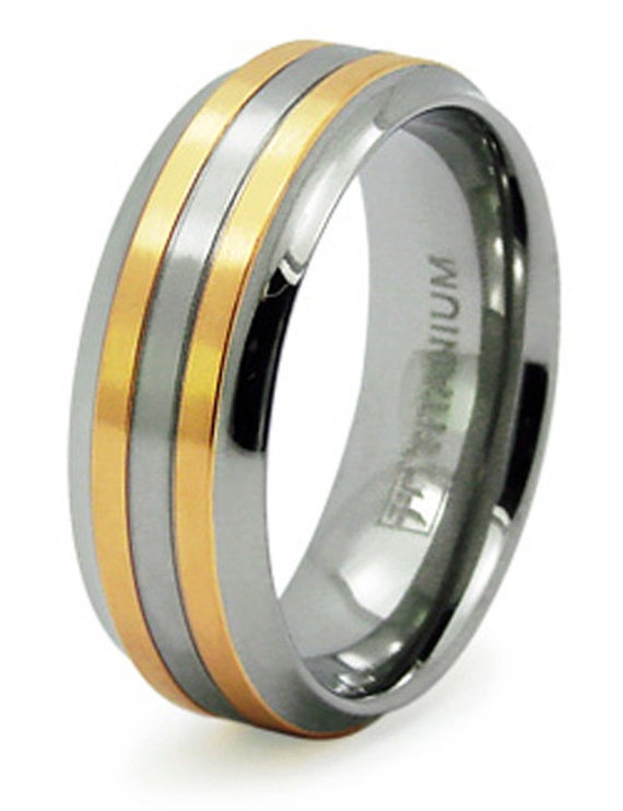 Titanium Ring Band Size 11 Two Tone Gold Plated Stripes Wedding ...