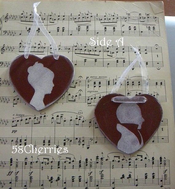 Jane Austen Style Silhouette Heart Ornaments - Red and White - Ladies and Gentlemen - Shabby Chic Grubby Prim - Christmas Valentine