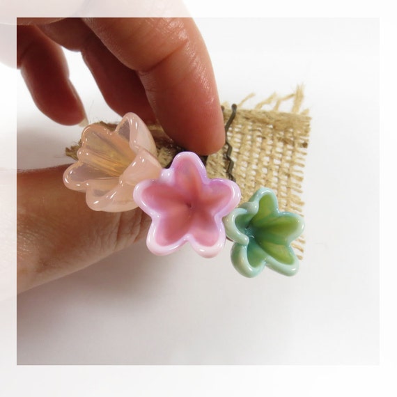 Flower hair pins Mint Blush Peach flowers set of 3 floral