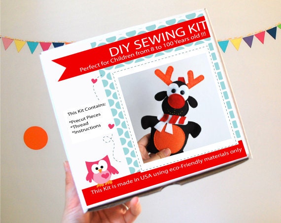 Christmas Reindeer Sewing Kit, Felt Kids' Crafts, Felt Sewing Kit in a Box, 8+ years old craft, No need sewing machine, READY TO SHIP A823 Il_570xn