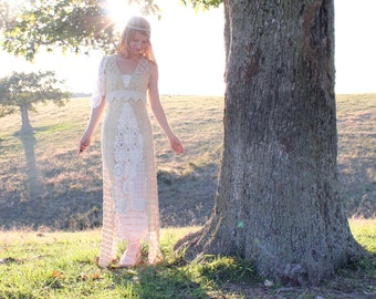 Handmade Eco Wedding Dress in Vintage Cotton Lace Doilies Unique Bohemian Hippie Chic Style OOAK S M L