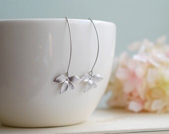 Silver Earrings, Orchid Flower Long Dangle Earrings, Wedding Jewelry, Bridesmaid gift, Bridal Earrings, Gift for her , Gift for for Mom